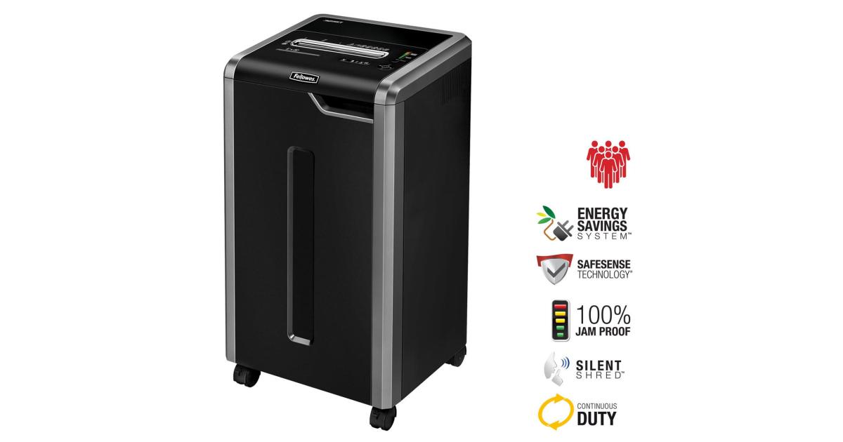 ماكينة تمزيق الورق التجارية من Fellowes Powershred 325Ci بنسبة 100% مقاومة للتكدس، مكونة من 22 ورقة