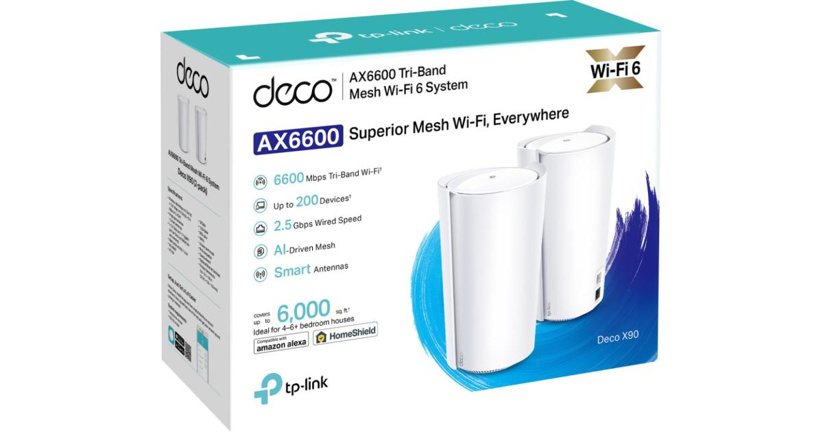 نظام TP-Link Deco X90 AX6600 Deco ثلاثي الموجات WiFi 6 شبكي - يغطي ما يصل إلى 6000 قدم مربع، ويستبدل أجهزة التوجيه والموسعات، والهوائيات الذكية والمدارة بالذكاء الاصطناعي (عبوتان)