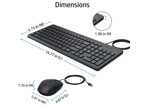 HP 150 Wired Keyboard & Mouse Combo USB 12 Shortcut Keys 6° Adjustable Slope Keyboard & 1600 DPI Optical Sensor Mouse