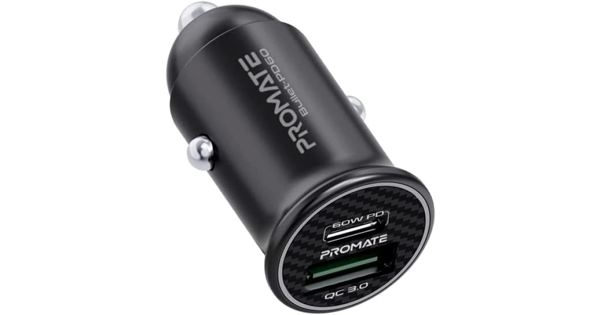Promate Bullet-PD60 60W USB-C Car Charger Super-Fast Type-C w/ 18W Quick Charge 3.0 USB Port Aluminum Alloy & Over Charging Protection