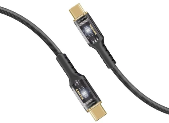 Promate LucidLine-CC120 USB-C™ to USB-C™ Cable Fast-Charging 100W with Transparent Tips LED 480Mbps Data Sync 120cm Nylon Braided - Black