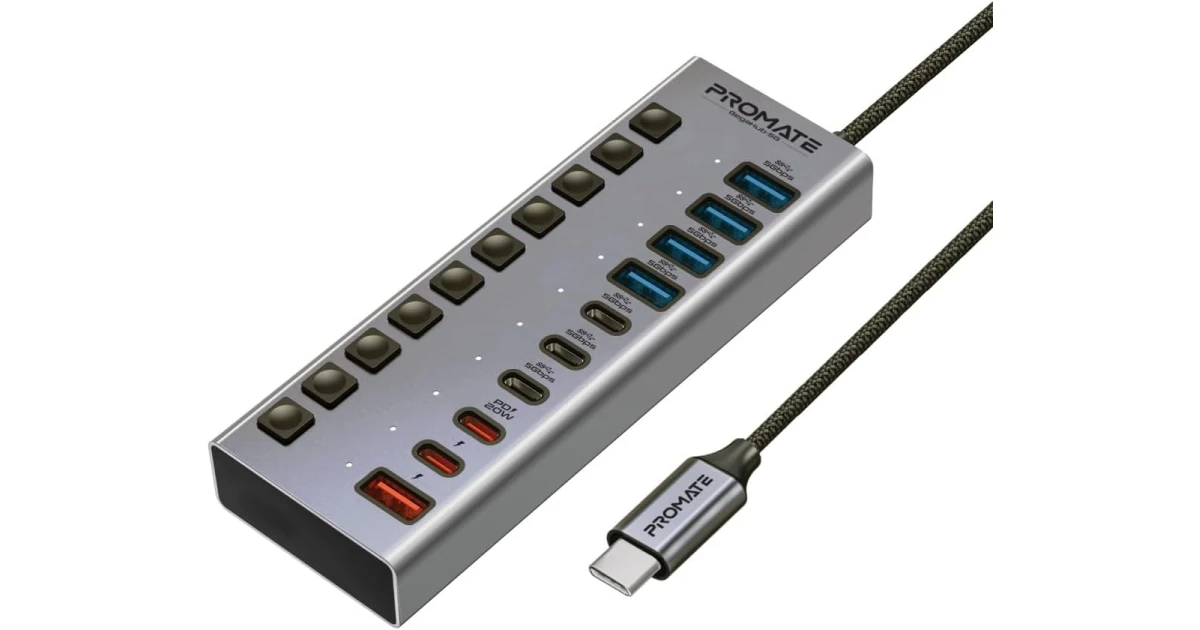 Promate GegaHub-5G 10 in 1 USB-C Multiport Hub, 3 USB-C and 4 USB-A Ports with 5Gbps Data Transfer, Fast Charging USB-C and USB-A Ports, 20W USB-C PD Port with Individual Power Switches and Plug & Play