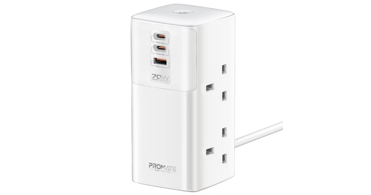Promate Power Tower 70W multi-port Charging Station dual PD70W USB-C ports, a 30W QC 3.0 port and four universal 2500W Charging Station with Quad AC Sockets