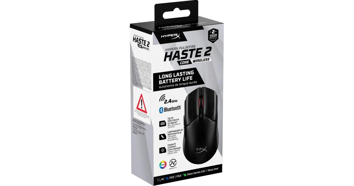 HyperX Pulsefire Haste 2 Core Wireless & Bluetooth Lightweight 59G Long Battery Life Up to 100 hours Long Battery Life Custom Core Sensor - Black