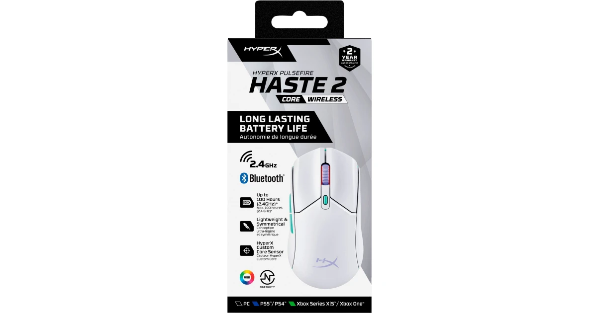 HyperX Pulsefire Haste 2 Core Wireless & Bluetooth Lightweight 59G Long Battery Life Up to 100 hours Long Battery Life Custom Core Sensor - White