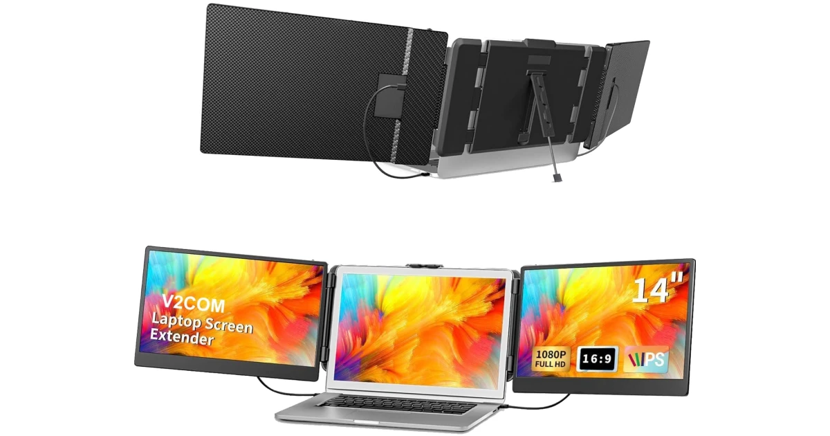 V2COM S2 14" IPS Full HD Triple Screen Extender Portable Monitor for Laptops 13-17.3" with HDMI/USB-A/Type-C Port Built In Speakers