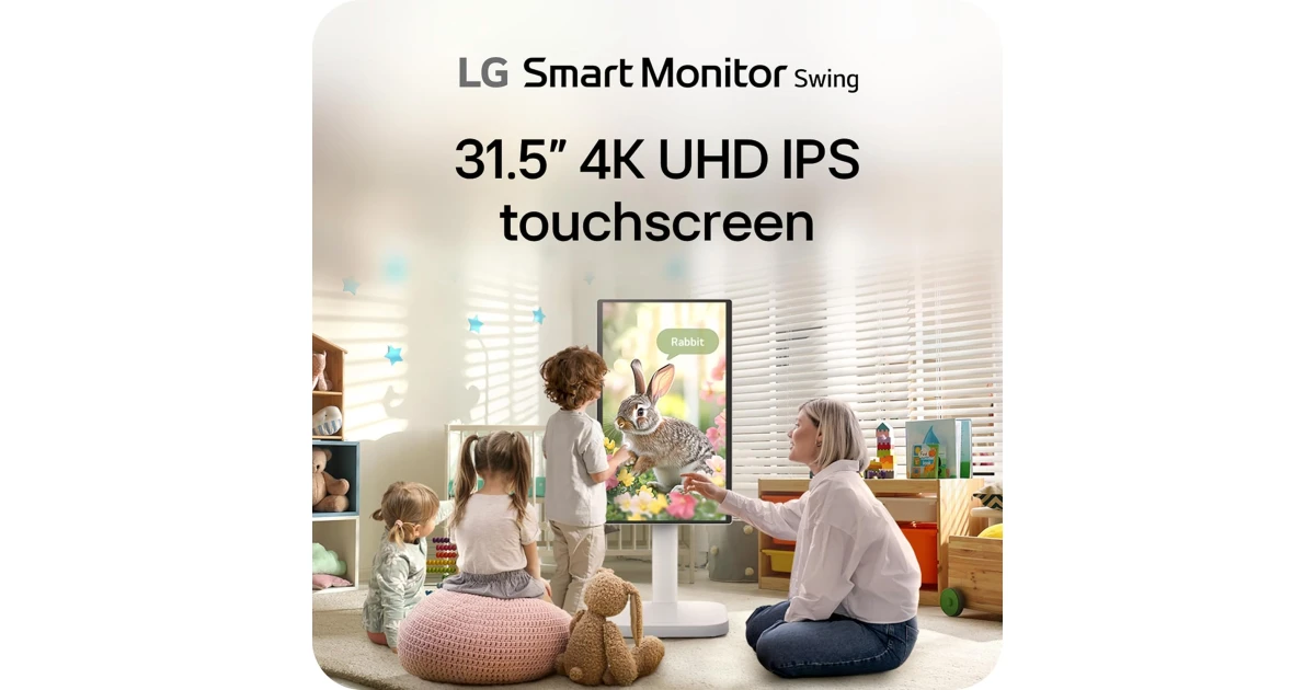LG 32U889SA Smart Monitor Swing 32" IPS 4K UHD HDR10 Touchscreen on a Fully Adjustable Wheeled Base , webOS, Built-in Speaker, HDMI, USB Type-C, Tilt/Height/Swivel/Pivot Stand, White