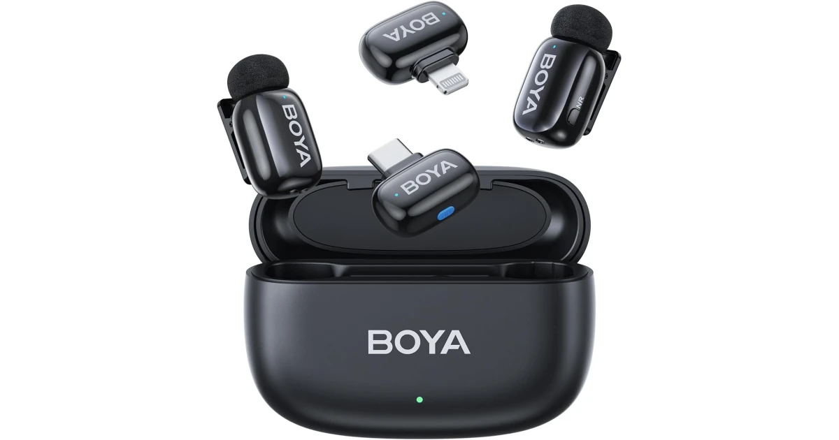 BOYA Mini Wireless Microphone for iPhone/Android/PC/Tablets with USB C/Lightning Plug, MFi Certified, Noise Reduction, AI Voice Changer, 30H Battery Life with Charging Case for Video Recording Podcast - Black