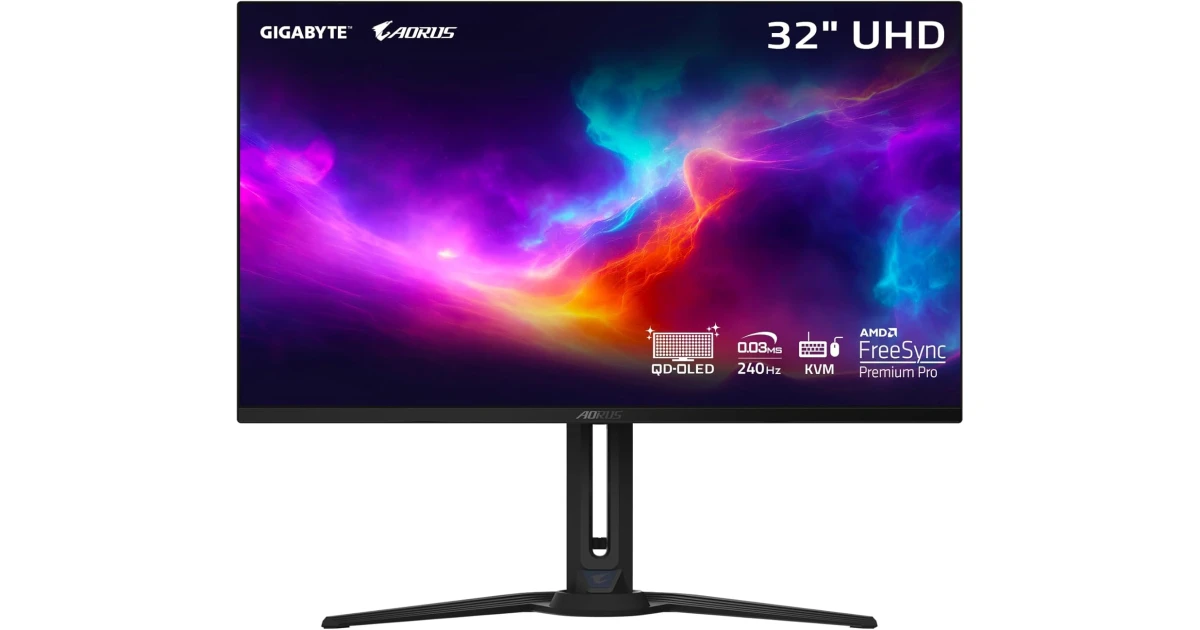 GIGABYTE AORUS FO32U2 32” 240HZ QD-OLED Gaming Monitor UHD 4K - 0.03ms GTG - AMD FreeSync Premium Pro - Type C KVM - HDMI, DP, Type C w/ Height Adjustable & Speakers - Black