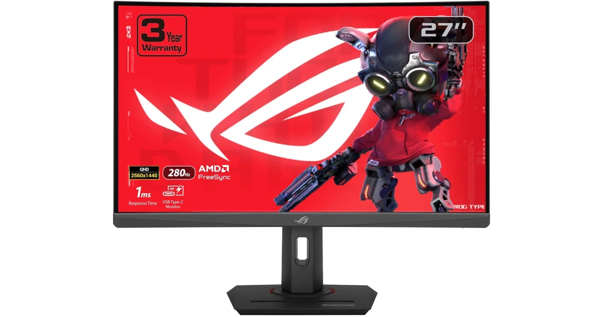 ASUS ROG Strix XG27WCMS 27" Curved QHD 2K HDR 280Hz 1ms AI-Powered AMD FreeSync High Adjustable Stand w/ USB Type-C - Black