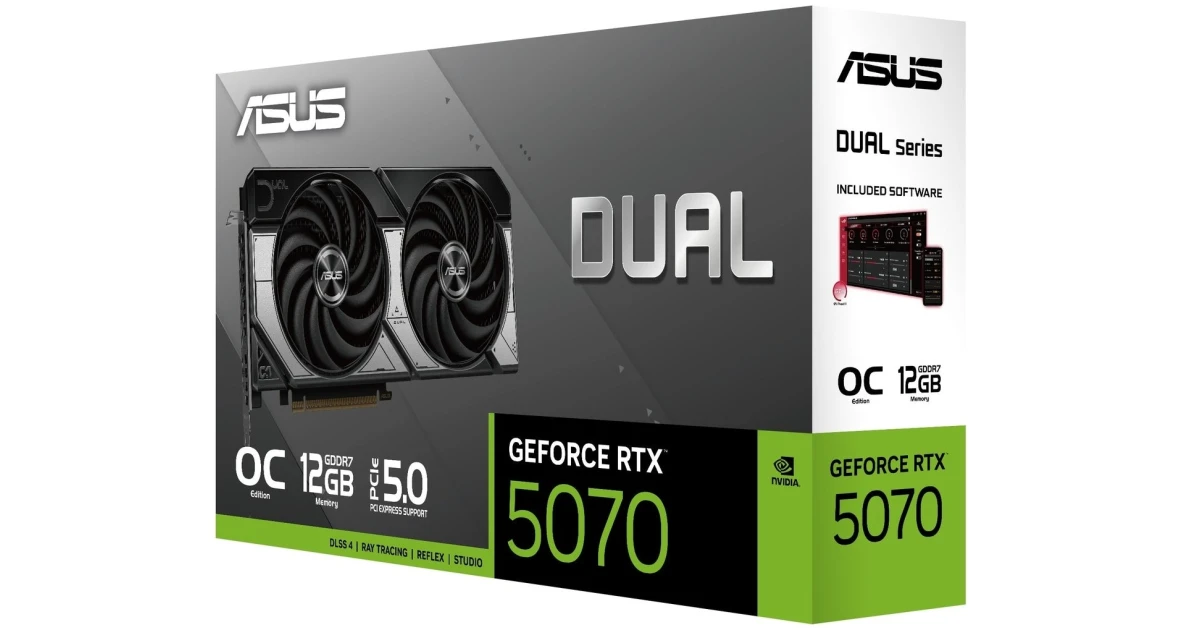 ASUS Dual GeForce RTX™ 5070 OC Edition 12GB GDDR7 Graphics Card (PCIe® 5.0, 12GB GDDR7, HDMI®/DP 2.1, 2.5-Slot, Axial-tech Fans, Dual BIOS)