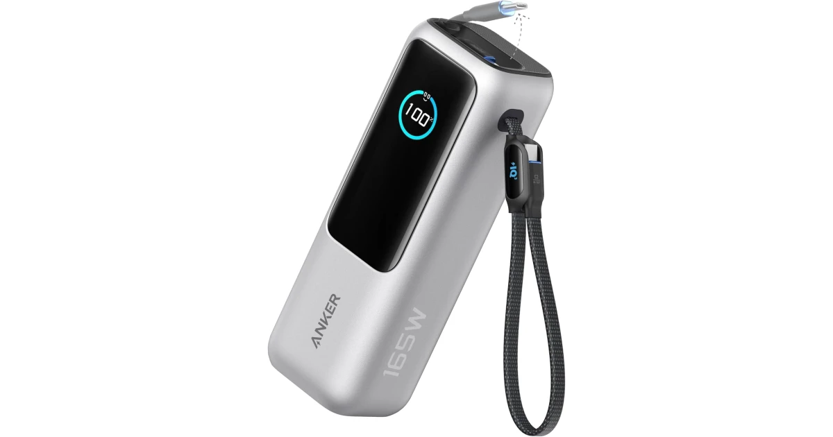 Anker Zolo Power Bank 165W, 25,000mAh Portable Charger with Triple 100W USB-C Ports for Multi-Device Charging, Built-in and Retractable Cables, for iPhone 16/15 Series, MacBook, Samsung, and Laptop's - Silver