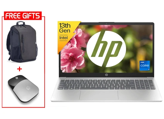 HP Laptop 15-fd0267ne (2024) NEW 13th Gen Intel Core i7 10-Cores Slim Design w/ Backlit Keyboard Bundle (Customized) ((HP BackPack + HP Z3700 Mouse)) - Silver