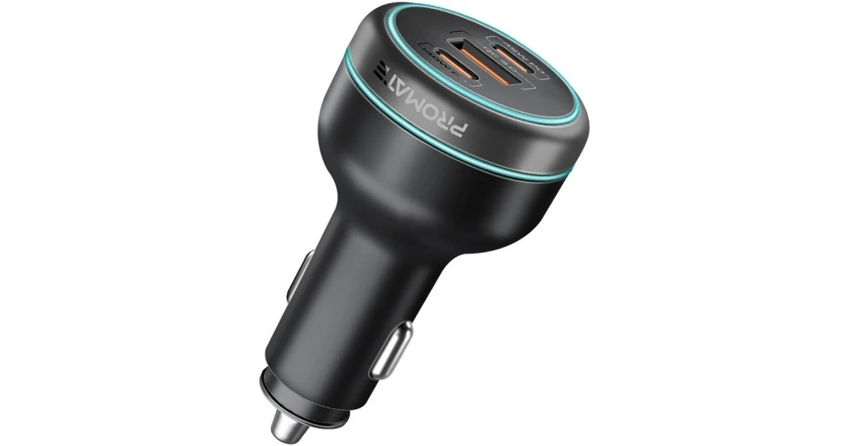 Promate Car Charger 230W Power Delivery, Rapid Charger With Dual USB-C Port 140W / 45W, & USB-A 3.0, 45W, for Laptop, Smartphone, Black
