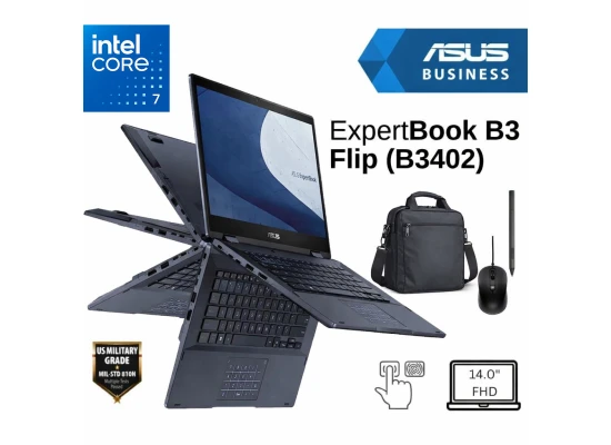 Asus ExpertBook B3 Flip (2025) B3402FVA Intel Core 7 10-Cores Business Class Military-Grade Aluminum 2-in-1 Touch Display Bundle ((Carry Case + Mouse + Styluse))