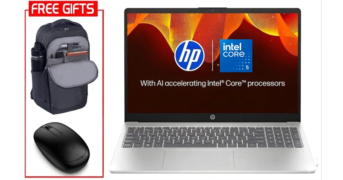 HP Laptop 15-fd0380ne (2025) NEW Intel Core 5 120U 10-Cores w/ Backlit Keyboard & Bundle ((HP BackPack + HP Bleutooth Mouse)) - Natural silver