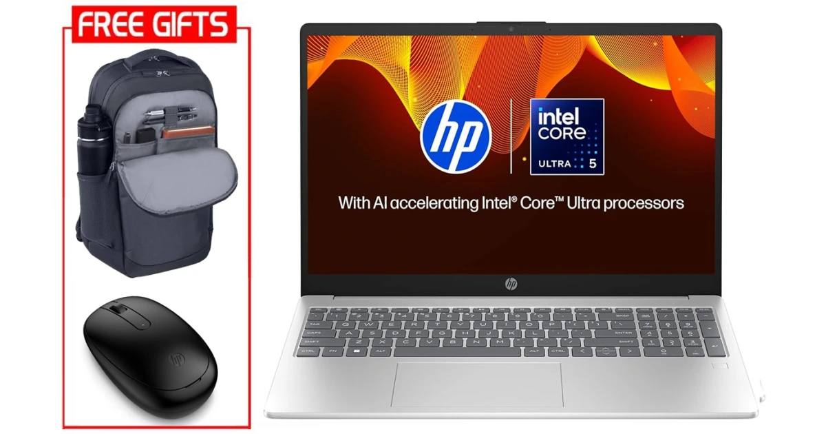 HP Laptop 15-fd1063ne (2025) NEW Intel Core Ultra 5 125H 14-Cores w/ High-Performance Processor & Backlit Keyboard & Bundle ((HP BackPack + HP Bleutooth Mouse)) - Natural silver
