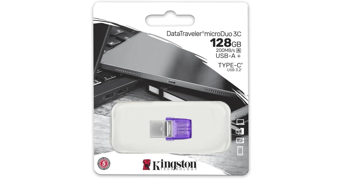 Kingston DataTraveler microDuo 3C 128GB USB-C & USB-A Flash Drive | Speeds up to 200 MB/s | USB 3.2 Gen 1 | Duo Connector | DTDUO3CG3/128GB
