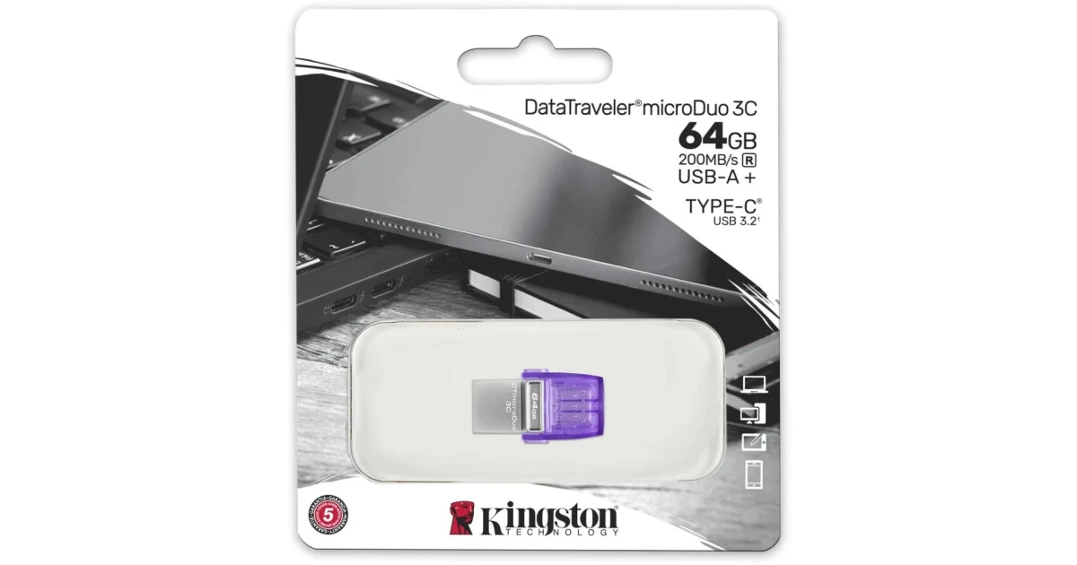 Kingston DataTraveler microDuo 3C 64GB USB-C & USB-A Flash Drive | Speeds up to 200 MB/s | USB 3.2 Gen 1 | Duo Connector | DTDUO3CG3/64GB