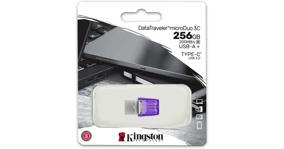 Kingston DataTraveler microDuo 3C 256GB USB-C & USB-A Flash Drive | Speeds up to 200 MB/s | USB 3.2 Gen 1 | Duo Connector | DTDUO3CG3/256GB