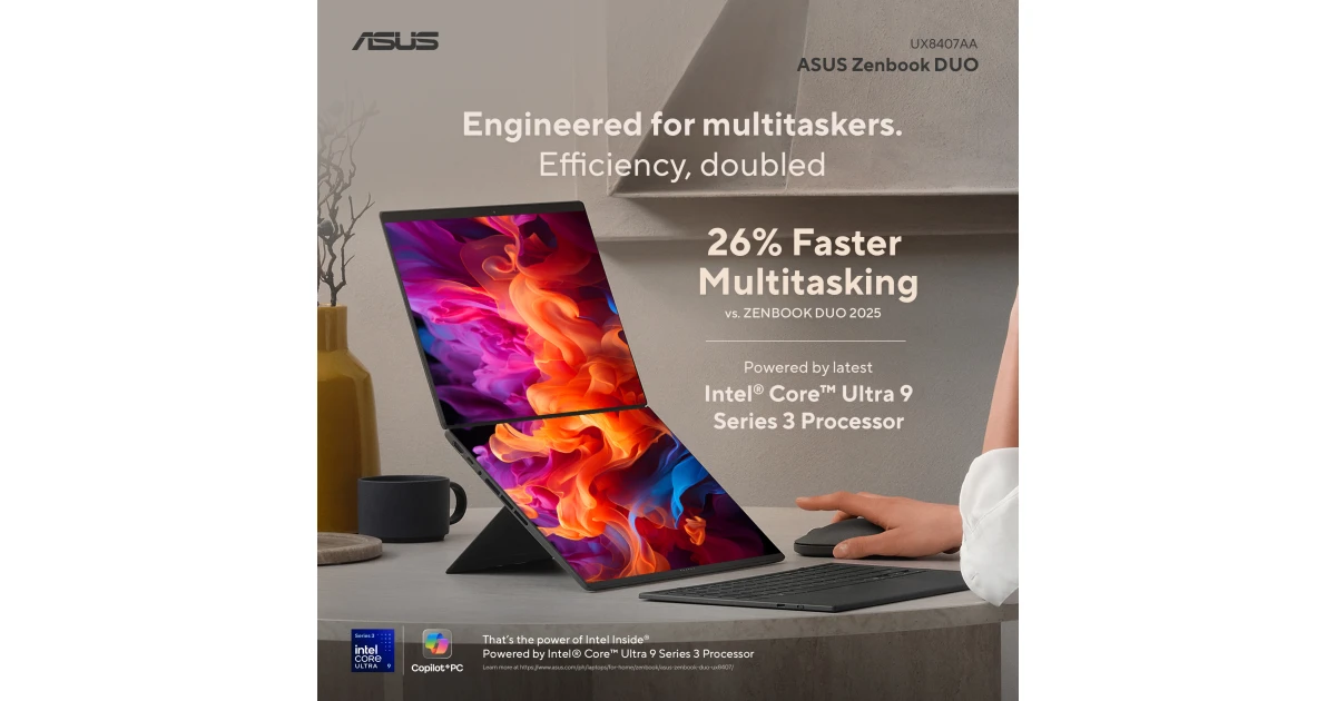 ASUS Zenbook DUO (2026) UX8407AA-SN099W Dual-Screen AI Laptop | Intel Core Ultra 9 386H | 32GB LPDDR5X | 2TB SSD | Dual 14" 3K OLED Touch 144Hz | Windows 11 Home | 90NB16V1-M008H0