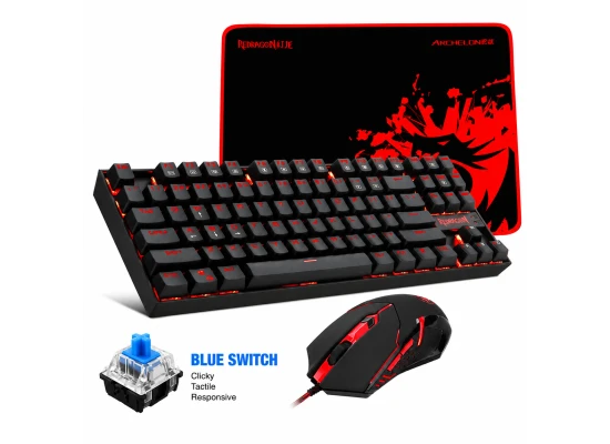 Redragon - K552-BA Mechanical Keyboard & Mouse & Large Mouse Pad Combo - 87 Key LED Backlit Adjustable Brightness and Breathing Effects - 100% Anti-Ghosting (Keyboard, Mouse, Mousepad Set) - Blue Switch