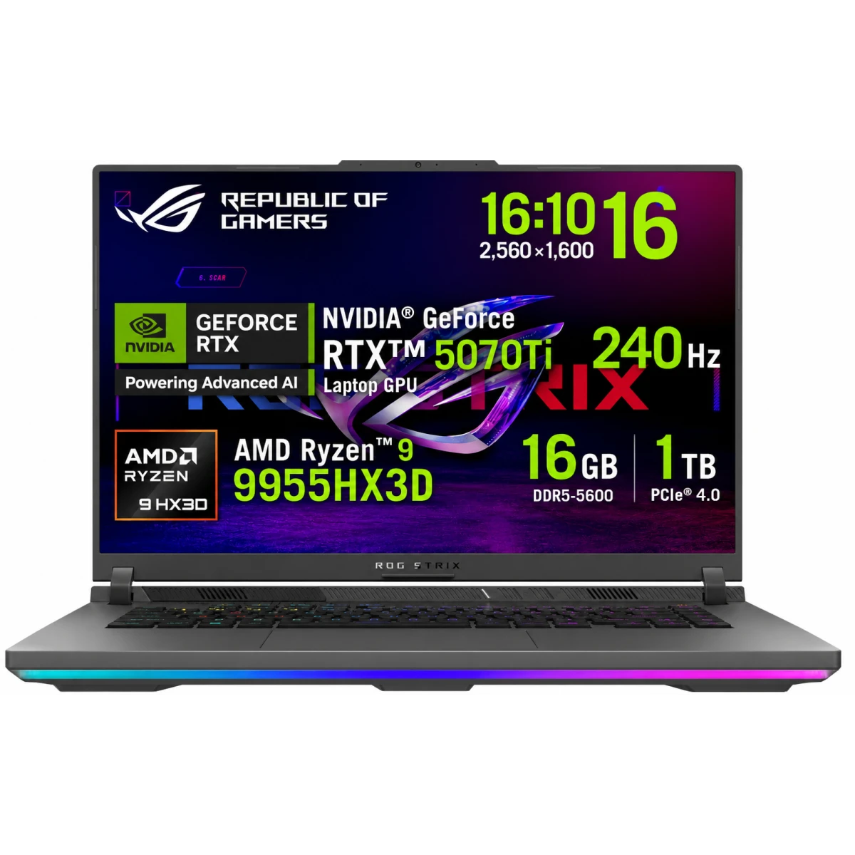 ASUS ROG Strix G16 (2025) G614FR NEW 9Gen AMD Ryzen™ 9 9955HX3D 16-Cores w/ Nvidia RTX 5070 TI 12GB DDR7 & 16" IPS 2.5K 240Hz Display - Volt Green