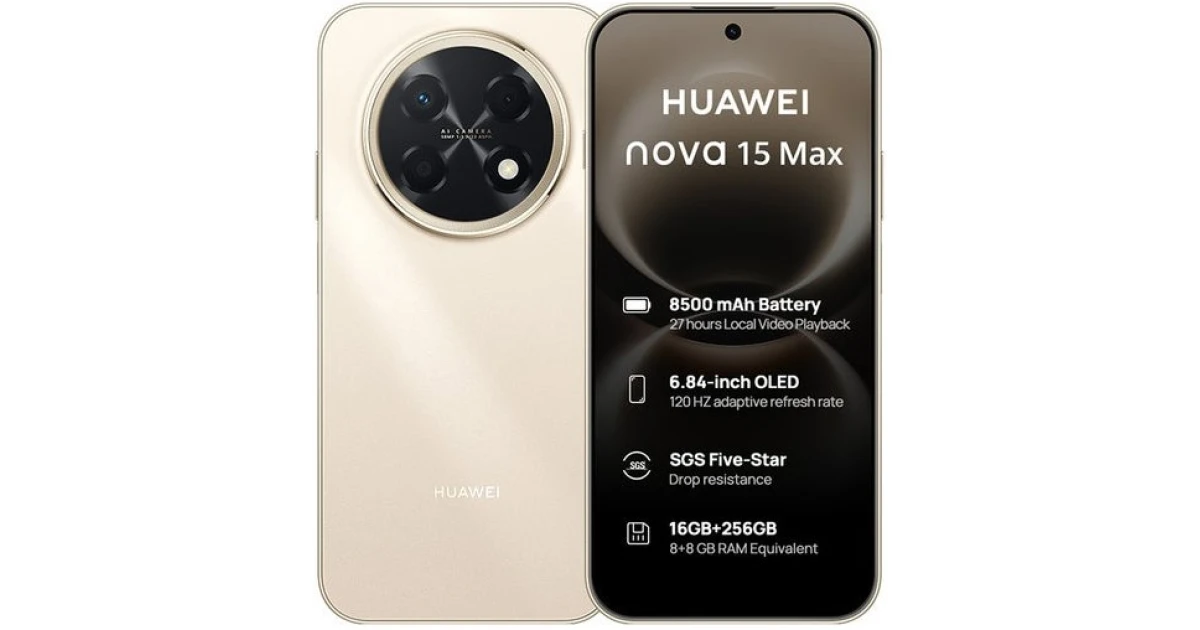 Huawei Nova 15 Max Dual SIM – 120Hz OLED Display, 50MP Ultra Sensing Rear Camera, 8GB RAM, 256GB Storage, 8500mAh Battery , Blush Gold