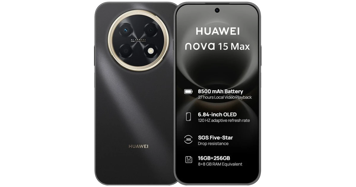 Huawei Nova 15 Max Dual SIM – 120Hz OLED Display, 50MP Ultra Sensing Rear Camera, 8GB RAM, 256GB Storage, 8500mAh Battery , Golden Black