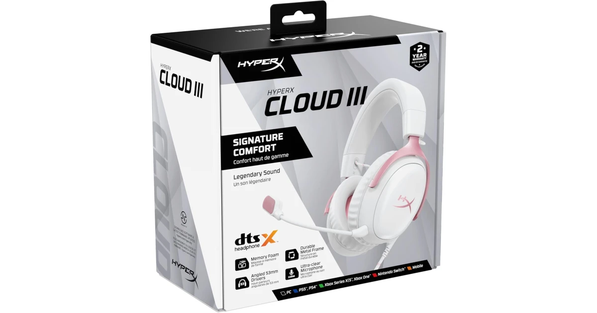 HyperX Cloud III Wired Angled 53mm Drivers DTS Memory Foam Durable Frame Ultra-Clear 10mm Mic USB-C & USB-A 3.5mm For PC, PS5, Xbox Series X|S - Pink