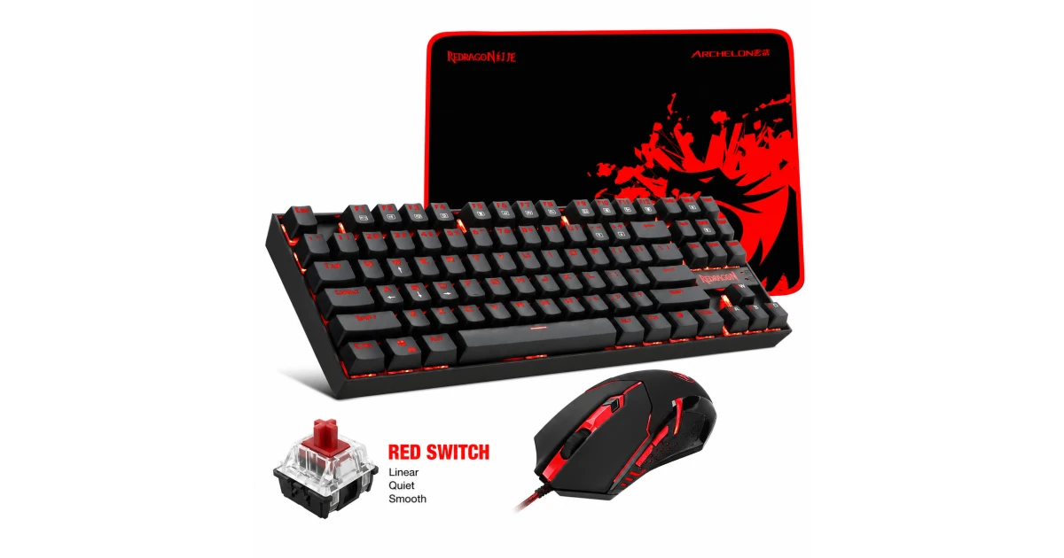 Redragon - K552-BA Mechanical Keyboard & Mouse & Large Mouse Pad Combo - 87 Key LED Backlit Adjustable Brightness and Breathing Effects - 100% Anti-Ghosting (Keyboard, Mouse, Mousepad Set) - Red Switch