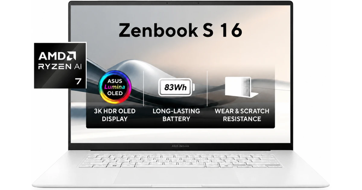 ASUS Zenbook S 16 UM5606GA-SR137W AI Laptop | AMD Ryzen AI 7 445 | 32GB LPDDR5X | 1TB SSD | 16" 3K OLED Touch 120Hz | Windows 11 Home | Scandinavian White