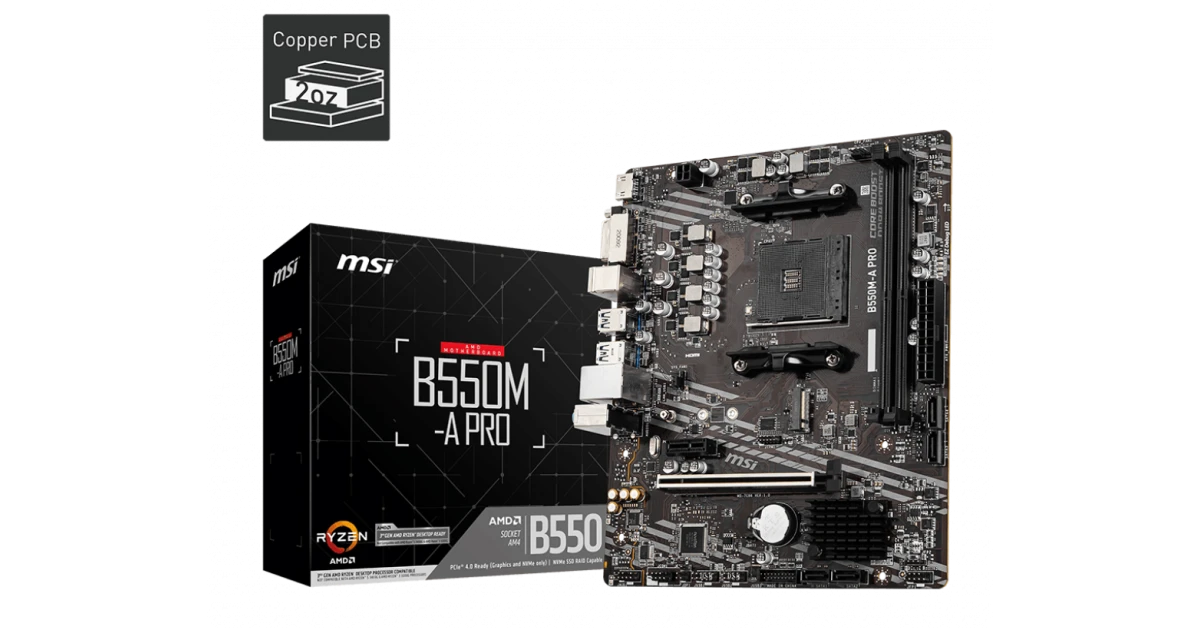 MSI B550M-A PRO Micro-ATX Motherboard, AMD B550 Chipset, AM4 Socket, Max. Memory 64GB DDR4, 2 x Dual-Channel DDR4 Ports, 1 x PCIe 4.0 x16 Slot