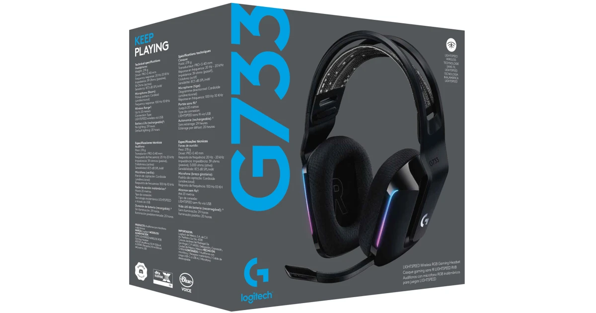 Logitech G733 LightSpeed Wireless Headset w/ Suspension Headband Lightsync RGB & Blue VOiCE MIC Technology , Black