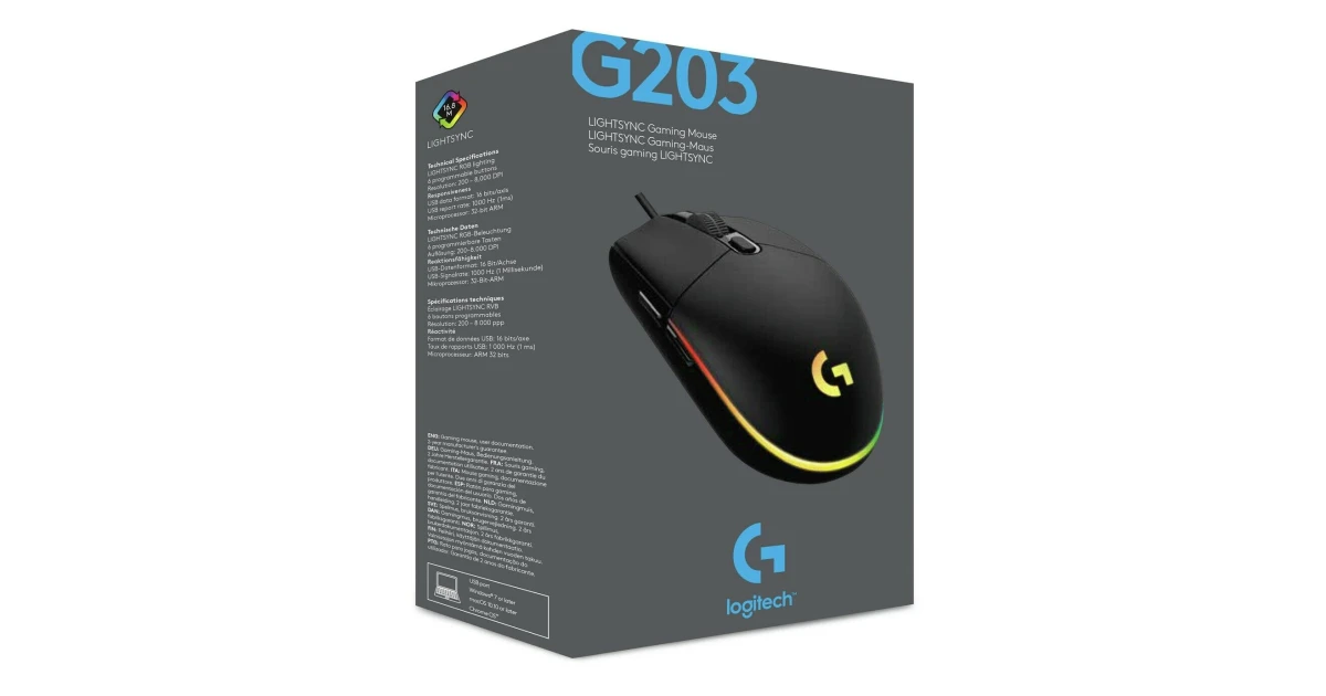 Logitech G203 Wired Gaming Mouse, 8,000 DPI, Rainbow Optical Effect LIGHTSYNC RGB, 6 Programmable Buttons, On-Board Memory, Screen Mapping, PC/Mac Computer and Laptop Compatible - Black