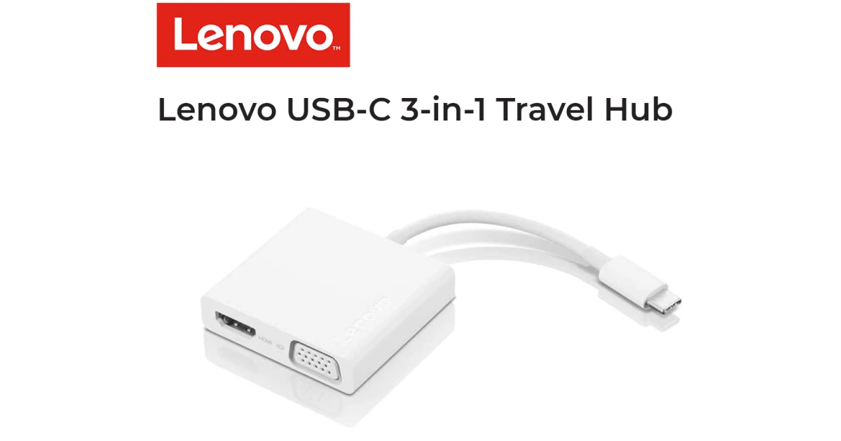 Lenovo USB-C 3-in-1 Travel Hub 4K HDMI, VGA, USB 3.0 Plug and Play , White